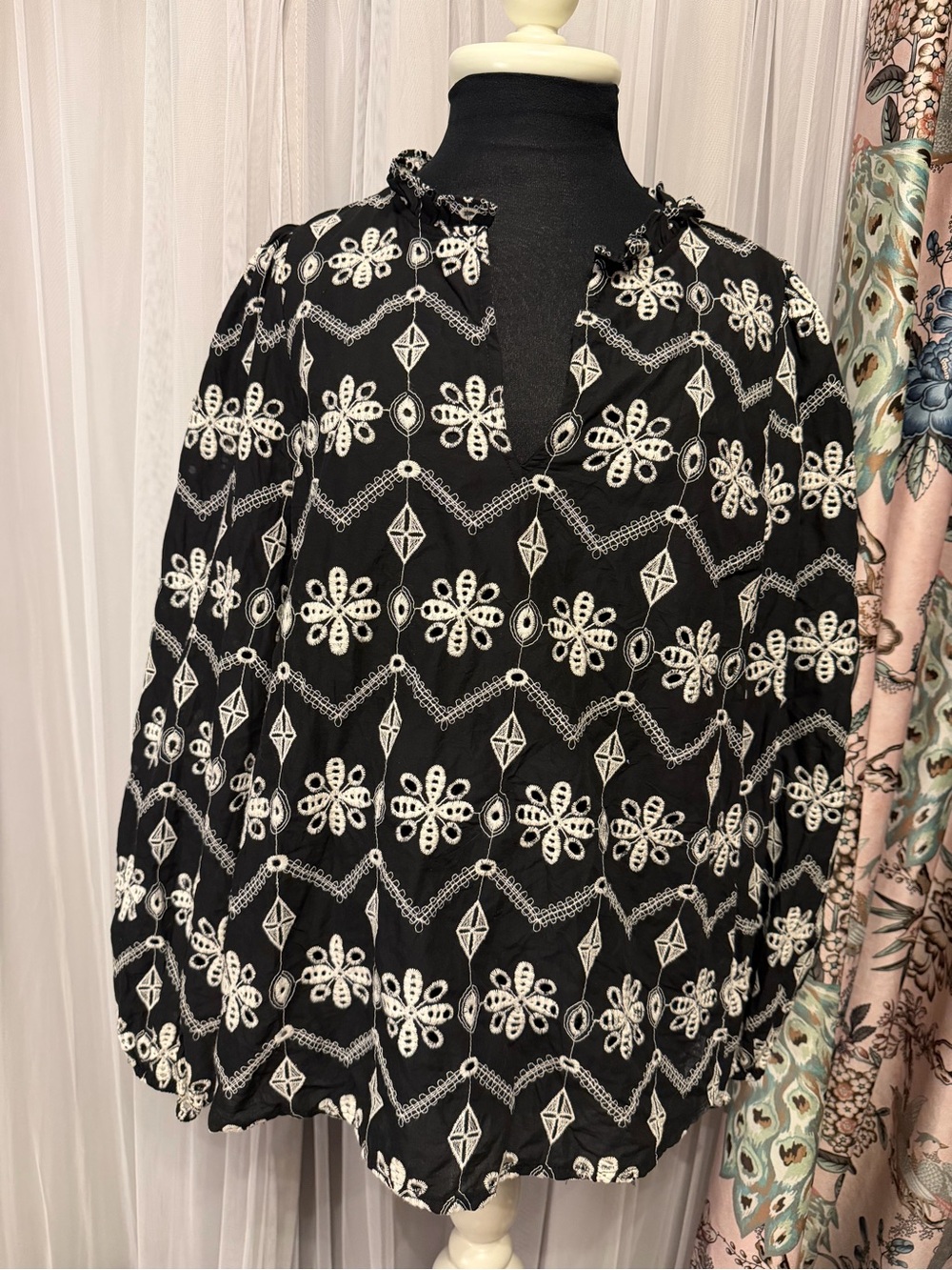 Sugarlips Black Blouse with White Embroidery